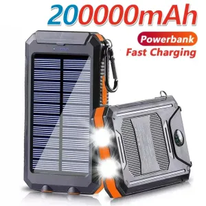Solar Power Bank 200000mAh Portable Charging Poverbank External Battery Charger Strong Light LDE Light for All Smartphones