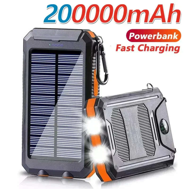 Solar Power Bank 200000mAh Portable Charging Poverbank External Battery Charger Strong Light LDE Light for All Smartphones