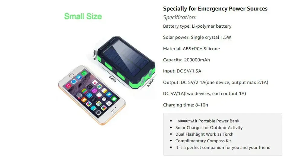 Solar Power Bank 200000mAh Portable Charging Poverbank External Battery Charger Strong Light LDE Light for All Smartphones