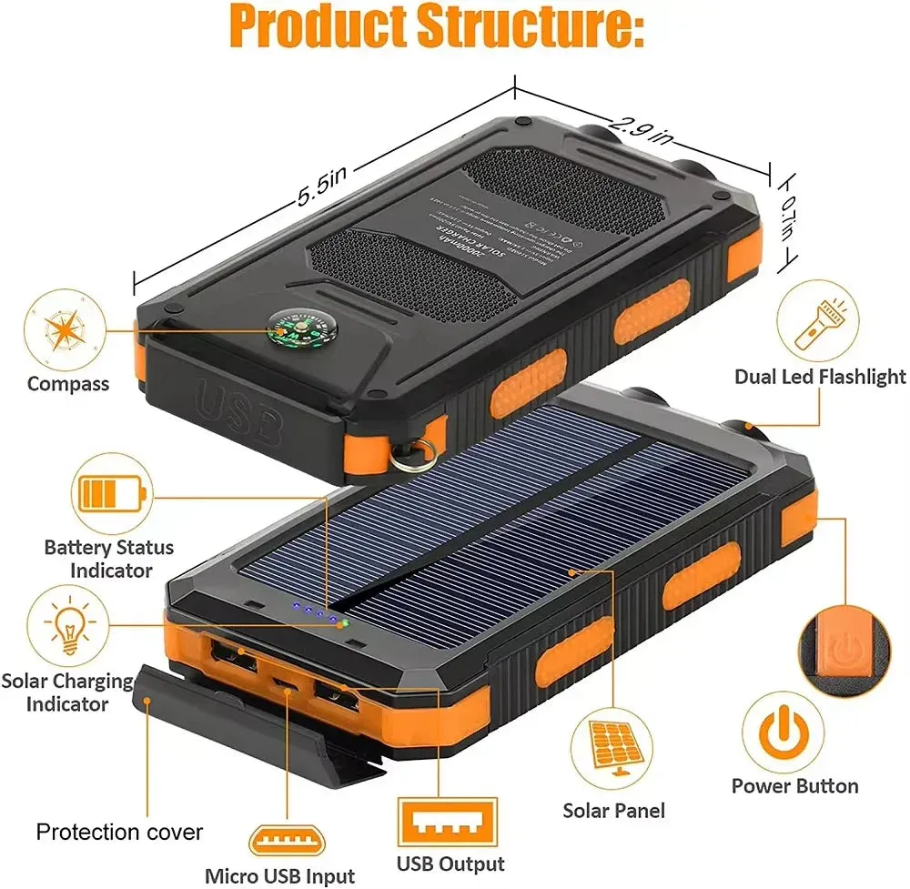 Solar Power Bank 200000mAh Portable Charging Poverbank External Battery Charger Strong Light LDE Light for All Smartphones