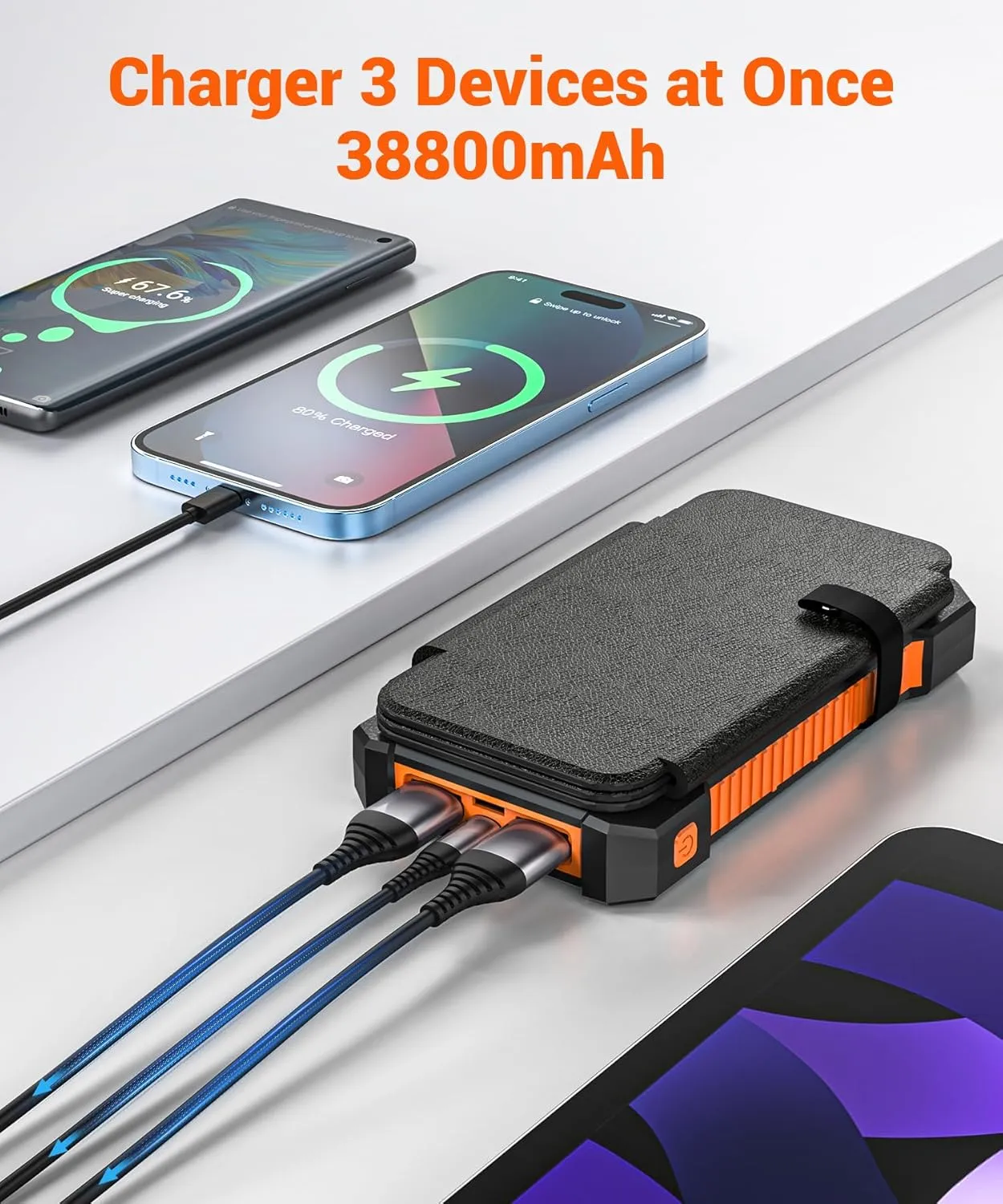 Solar Power Bank 38800mAh with 4 Solar Panels, Portable Charger USB C 18W Fast Charge for iPhone Samsung, IP67 Waterproof Outdoor External Battery Pack with Flashlight Light/SOS/Strobe