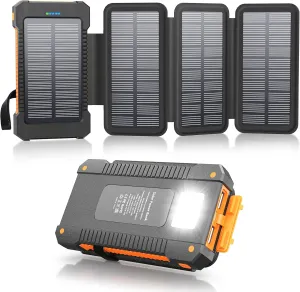 Solar Power Bank 38800mAh with 4 Solar Panels, Portable Charger USB C 18W Fast Charge for iPhone Samsung, IP67 Waterproof Outdoor External Battery Pack with Flashlight Light/SOS/Strobe