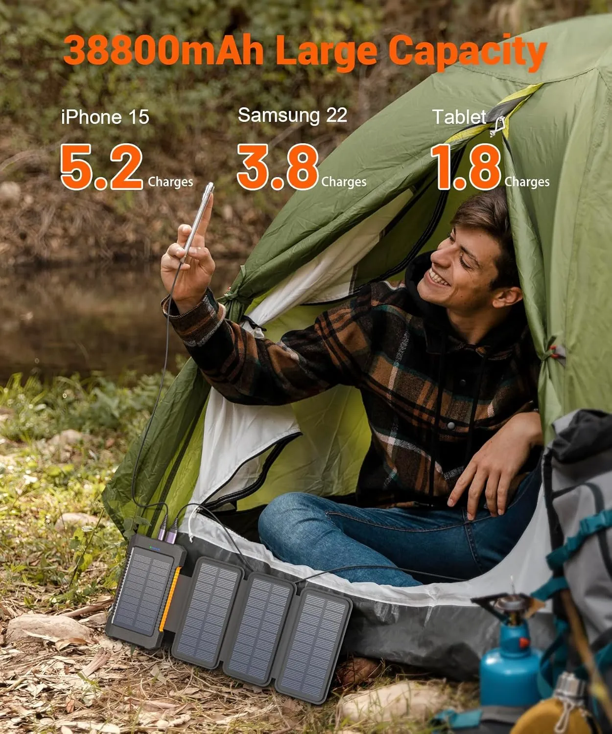 Solar Power Bank 38800mAh with 4 Solar Panels, Portable Charger USB C 18W Fast Charge for iPhone Samsung, IP67 Waterproof Outdoor External Battery Pack with Flashlight Light/SOS/Strobe