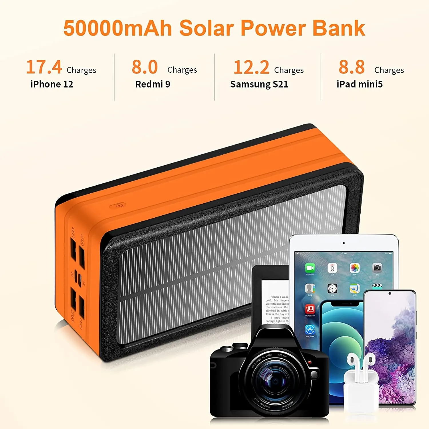 Solar Power Bank 50000Mah, Portable Solar Phone Charger with Flashlight, 4 Output Ports, 2 Input Ports, Solar Battery Bank Compatible with Iphone for Camping, Hiking, Trips