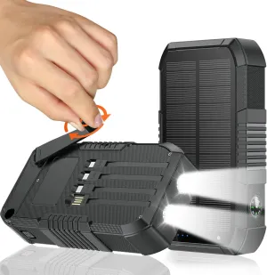 Solar Power Bank 66800mAh Built in Hand Crank and 4 Cables 22.5W Fast Charge,Camping Essentials/SOS/Strobe/Strong Flashlights,Compass Solar Portable Charger Power Bank (Black)