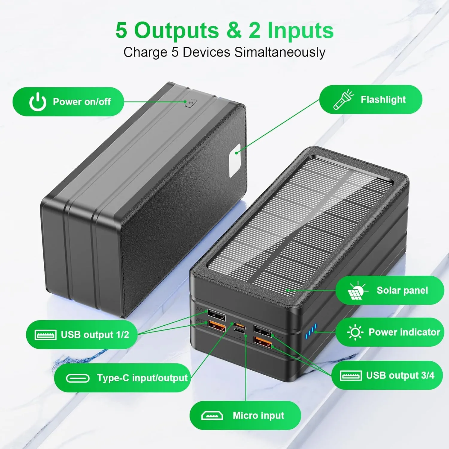 Solar Power Bank Battery Pack 80000mAh PD 22.5W Fast Charging Cellephone Charger USB-C in&Out with 9 LED Lights 3 Modes Flashlight Compatible with iPhone Tablet Earphone for Camping Outdoor