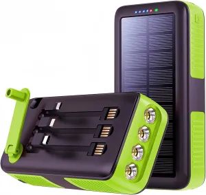 Solar Power Bank Portable Charger 63200mAh Battery Pack, Hand Crank Charger Dual Outputs Inputs 4 LED Flashlight, Fast Charging with Built in Cables Power for Phone Camping Emergency Travel (Green)