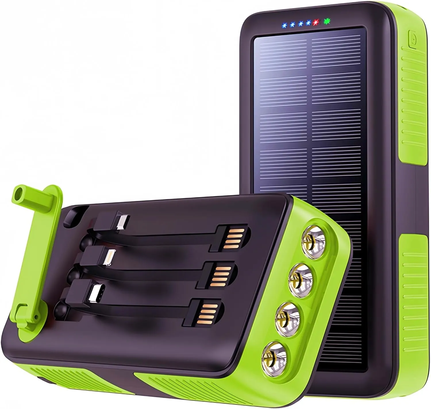 Solar Power Bank Portable Charger 63200mAh Battery Pack, Hand Crank Charger Dual Outputs Inputs 4 LED Flashlight, Fast Charging with Built in Cables Power for Phone Camping Emergency Travel (Green)