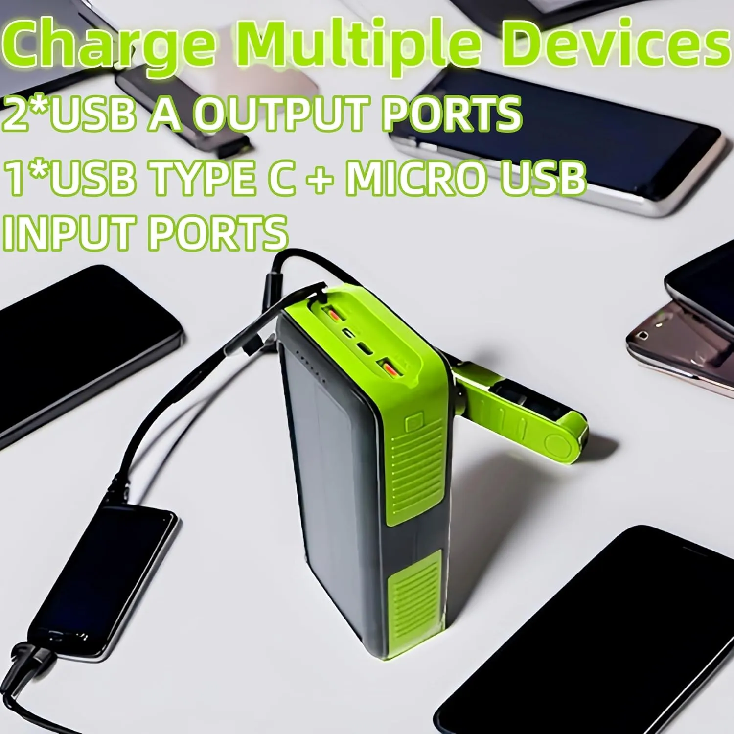 Solar Power Bank Portable Charger 63200mAh Battery Pack, Hand Crank Charger Dual Outputs Inputs 4 LED Flashlight, Fast Charging with Built in Cables Power for Phone Camping Emergency Travel (Green)