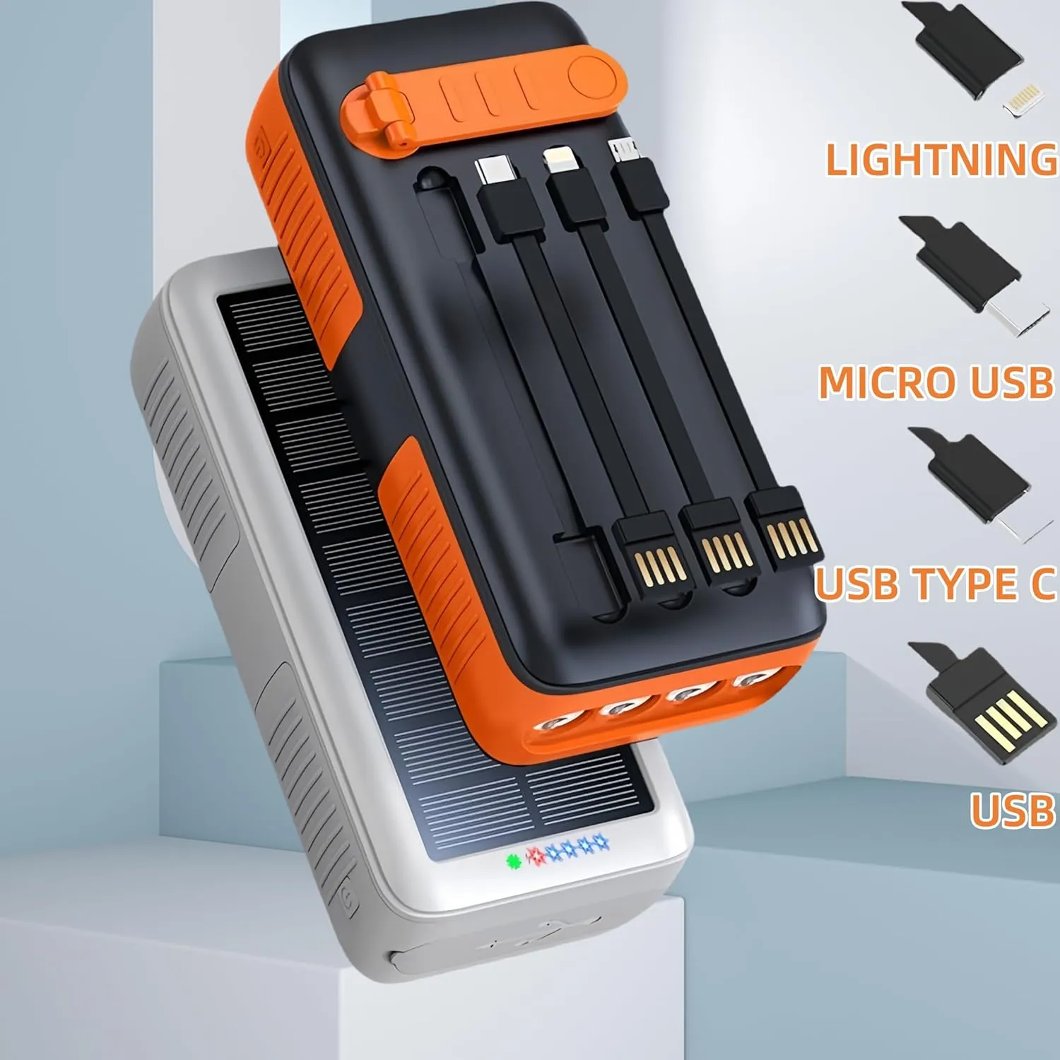 Solar Power Bank Portable Charger 63200mAh Battery Pack, Hand Crank Charger Dual Outputs Inputs 4 LED Flashlight, Fast Charging with Built in Cables Power for Phone Camping Emergency Travel (Orange)