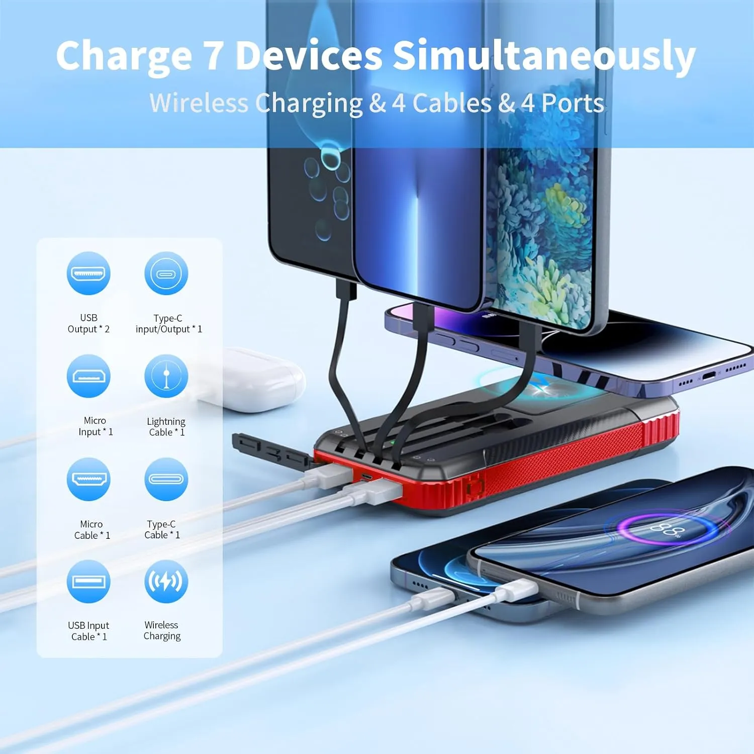 Solar Power Bank Wireless Charger 33800mAh Built in 4 Cables and LED Camping Lights 22.5W Fast Charging Power Bank 7 Outputs 4 Inputs Portable Charger Compatible with All Mobile Devices (Red)