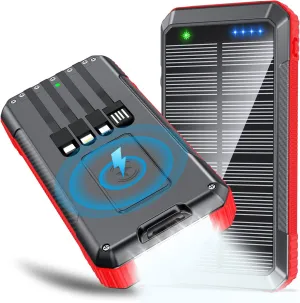 Solar Power Bank Wireless Charger 33800mAh Built in 4 Cables and LED Camping Lights 22.5W Fast Charging Power Bank 7 Outputs 4 Inputs Portable Charger Compatible with All Mobile Devices (Red)