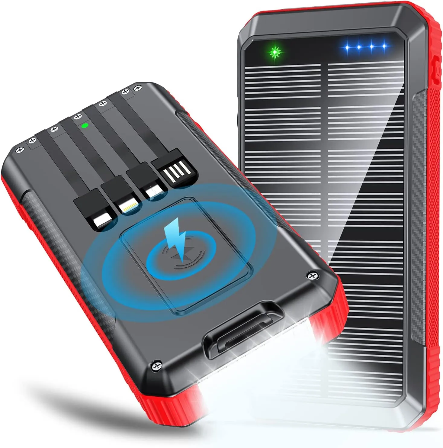 Solar Power Bank Wireless Charger 33800mAh Built in 4 Cables and LED Camping Lights 22.5W Fast Charging Power Bank 7 Outputs 4 Inputs Portable Charger Compatible with All Mobile Devices (Red)