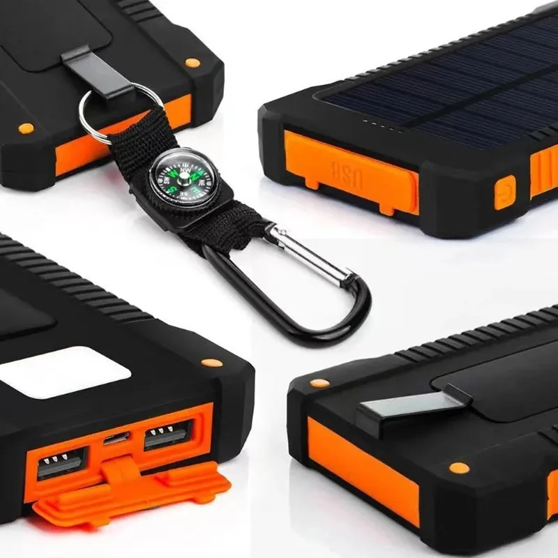 Solar Power Bank with Lanyard and Compass, Portable External Battery for Outdoor Use