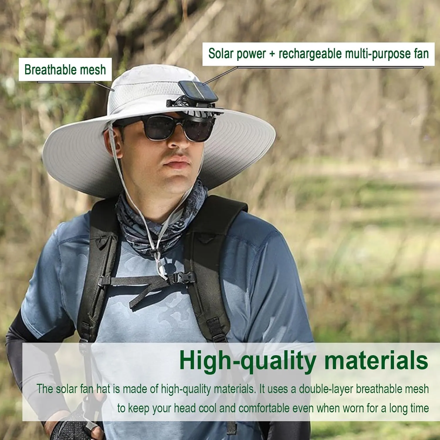 Solar Powered Fan Hat, for Men Women Outdoor Fishing Hat with 2 Solar Fan Breathable Wide Brim Bucket Hats
