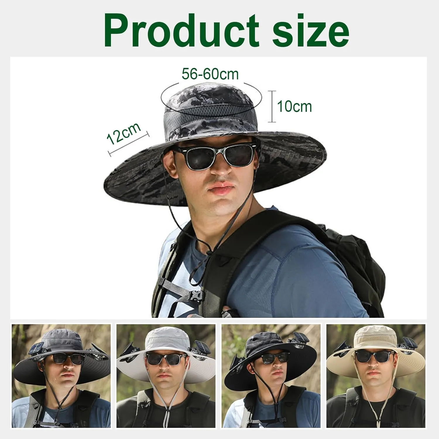 Solar Powered Fan Hat, for Men Women Outdoor Fishing Hat with 2 Solar Fan Breathable Wide Brim Bucket Hats