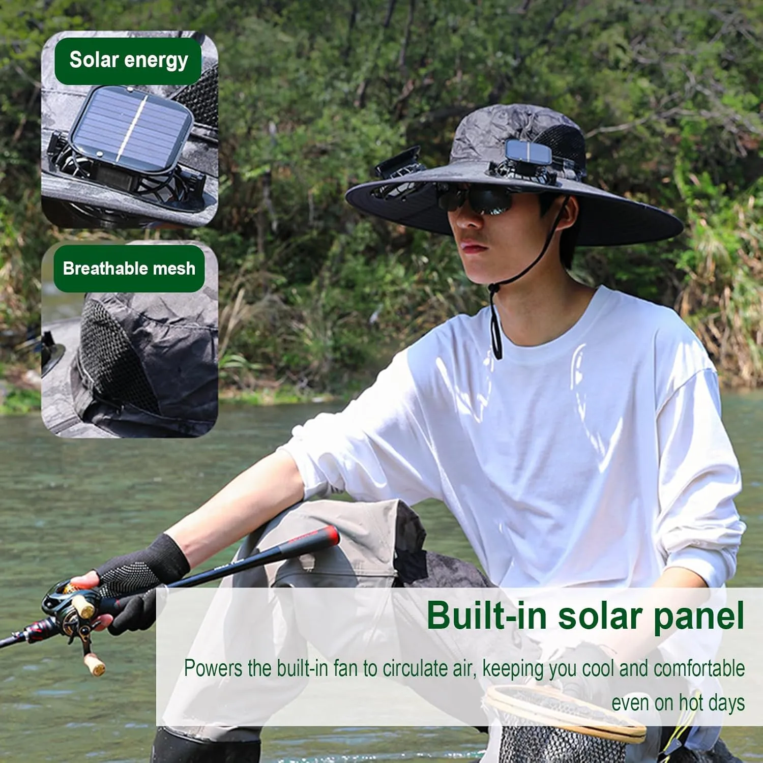 Solar Powered Fan Hat, for Men Women Outdoor Fishing Hat with 2 Solar Fan Breathable Wide Brim Bucket Hats