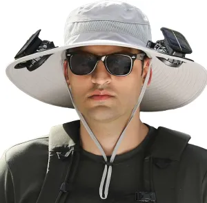 Solar Powered Fan Hat, Outdoor Wide Brim Sun Hat with USB Charging Includes 2 Solar 3 Speed Adjustable Fans