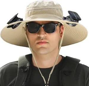 Solar Powered Fan Hat, Outdoor Wide Brim Sun Hat with USB Charging Includes 2 Solar 3 Speed Adjustable Fans