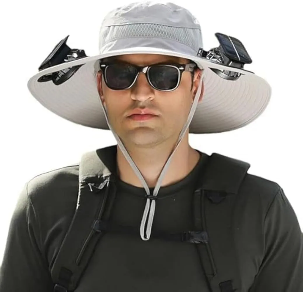 Solar Powered Fan Hat, Wide Brim Sun Protection Cap with Dual Charging, USB and Solar