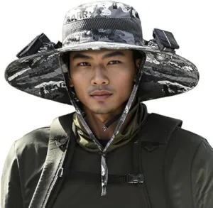 Solar Powered Fan Hat, Wide Brim Sun Protection Cap with Dual Charging, USB and Solar