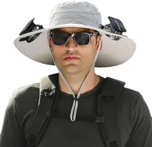 Solar Powered Fan Hat, Wide Brim Sun Protection Cap with Dual Charging, USB and Solar