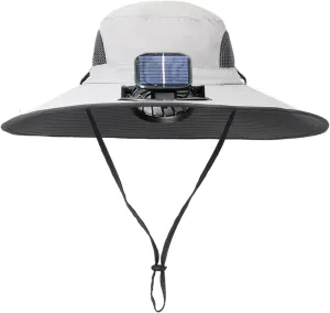 Solar Powered Fan Hat with 2 Removable Fans Wide Brim Outdoor Fishing Sun Hat with Fan Built in, USB Solar Charging