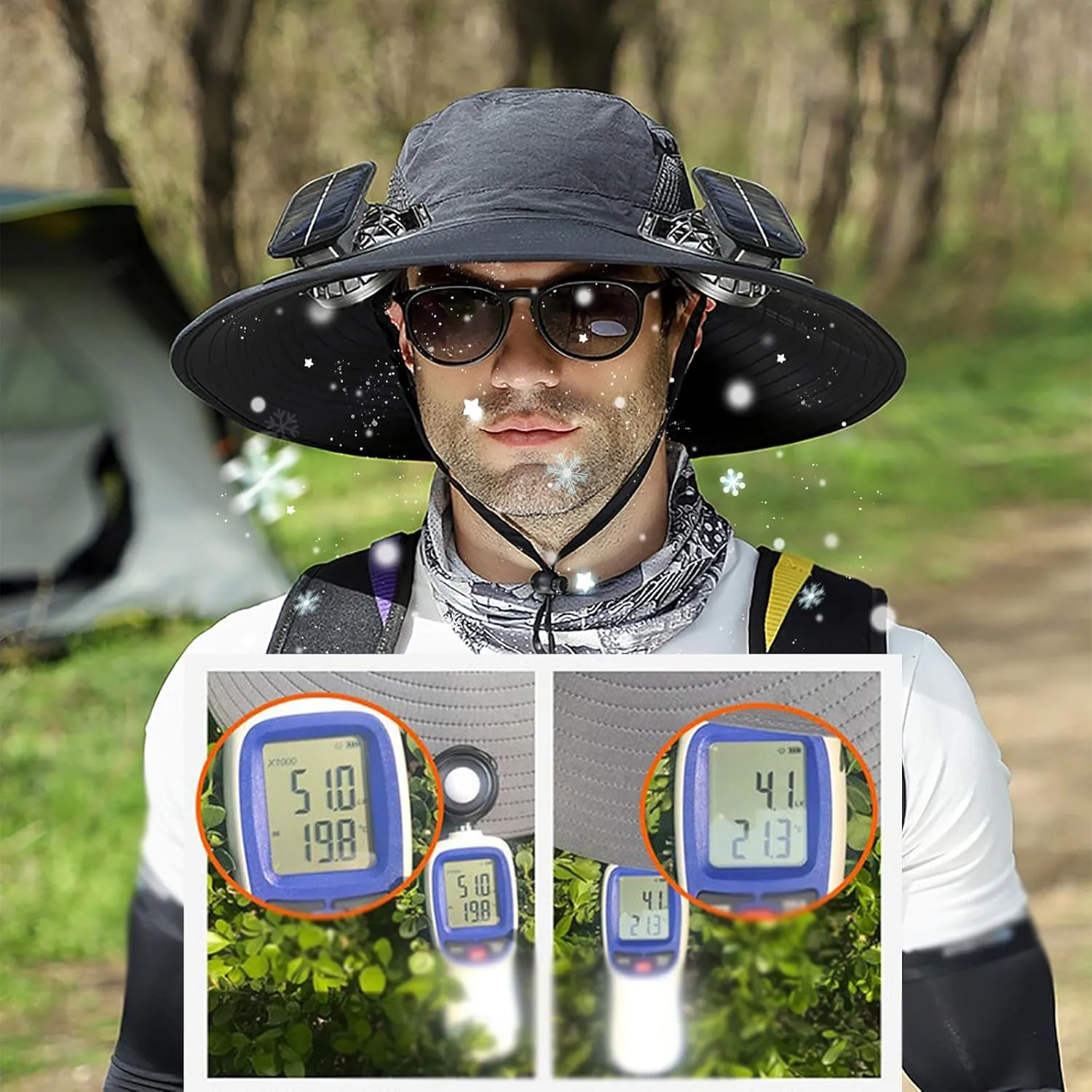 Solar Powered Fan Hat,Wide Brim Solar Fan Hat Outdoor Fishing,50 Bucket Beach Hats with Sunglasses,Waterproof USB Charging
