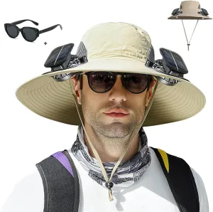Solar Powered Fan Hat,Wide Brim Solar Fan Hat Outdoor Fishing,50 Bucket Beach Hats with Sunglasses,Waterproof USB Charging