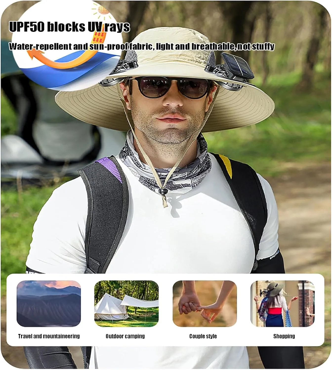 Solar Powered Fan Hat,Wide Brim Solar Fan Hat Outdoor Fishing,50 Bucket Beach Hats with Sunglasses,Waterproof USB Charging