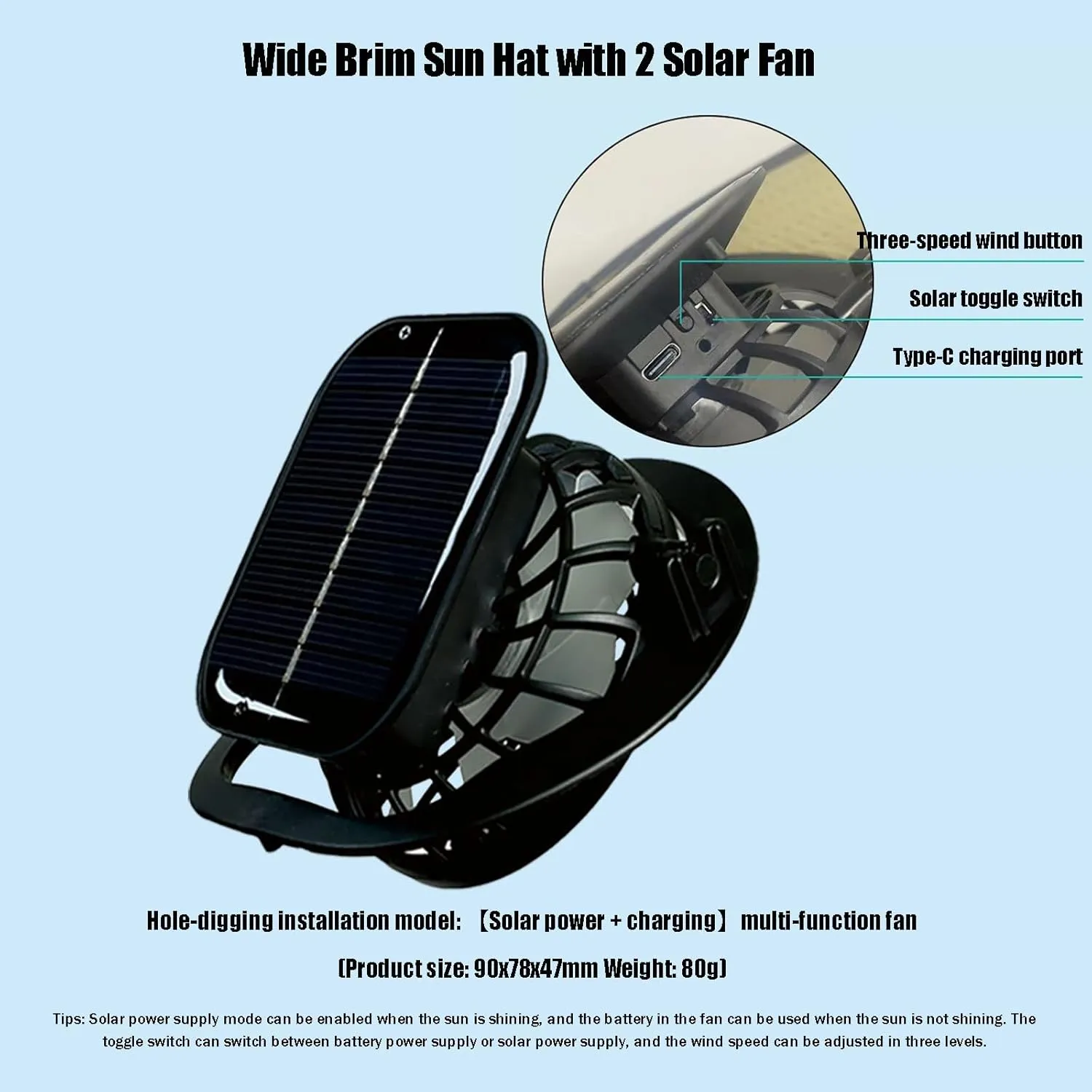 Solar Powered Fan Hat,Wide Brim Solar Fan Hat Outdoor Fishing,50 Bucket Beach Hats with Sunglasses,Waterproof USB Charging