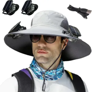 Solar Powered Outdoor Fishing Hat, Wide Brim Fan Outdoor Fishing Hat-Solar & USB Charging with Two Fans
