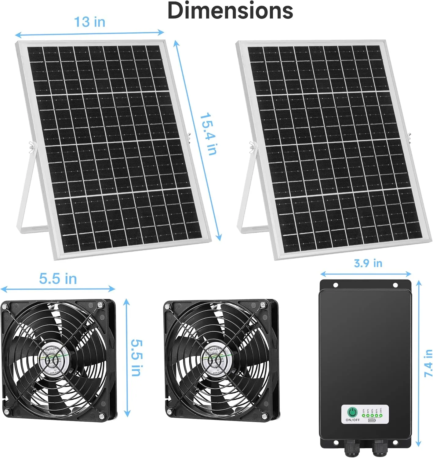 Solar Rechargeable Dual Fans with 66.6Wh 20000mAh Battery Backup, 50W Solar Powered 5.5" Bigger Fan for Intake or Exhaust Air, Ventilation Cooling for Outside Space