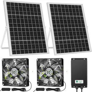 Solar Rechargeable Dual Fans with 66.6Wh 20000mAh Battery Backup, 50W Solar Powered 5.5" Bigger Fan for Intake or Exhaust Air, Ventilation Cooling for Outside Space