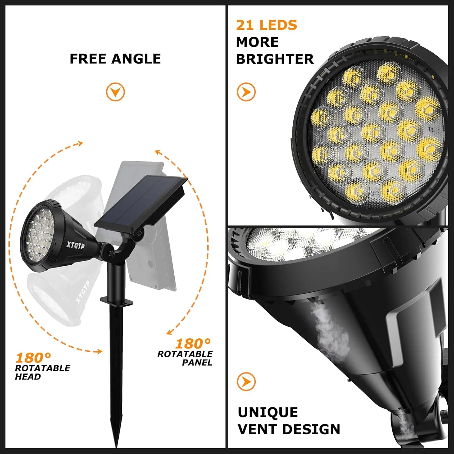Solar Spot Lights - 21 LED Brightness, IP67 Waterproof, 2-in-1 Adjustable Solar Power Outdoor Lights for Fence, Warm White (6 Pack)