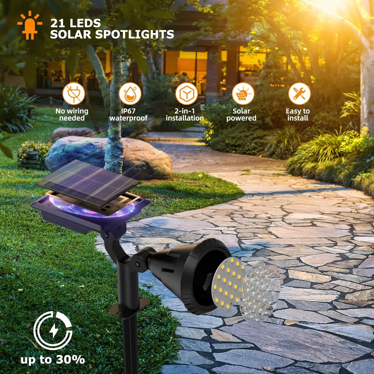 Solar Spot Lights - 21 LED Brightness, IP67 Waterproof, 2-in-1 Adjustable Solar Power Outdoor Lights for Fence, Warm White (6 Pack)