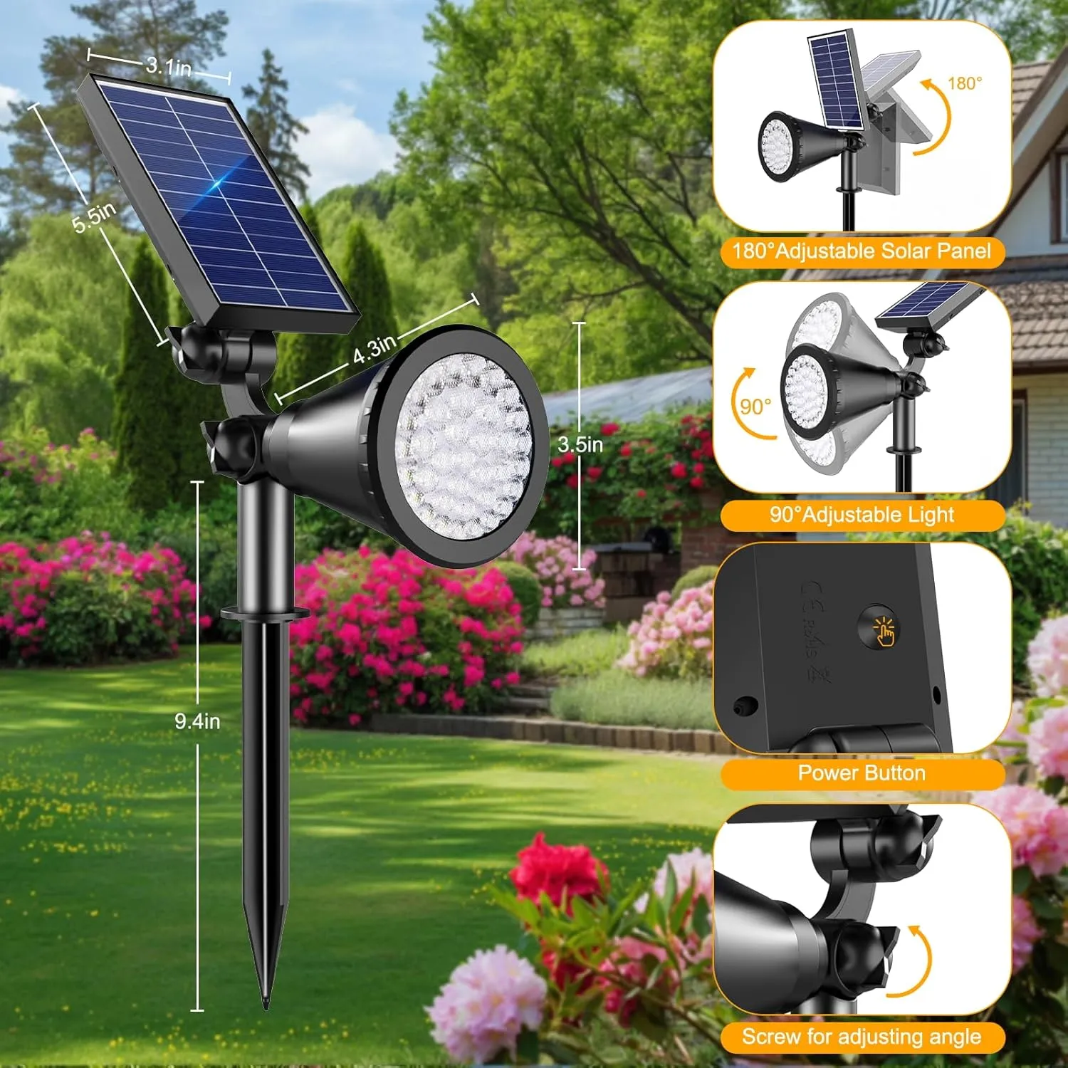 Solar Spot Lights Outdoor, 36 LEDs Solar Landscape Lighting with 2200mAh, Outdoor Lights Auto On/Off 2-in-1 Wall or Ground Solar Powered for Yard Garden- 2 Pack (Warm White)
