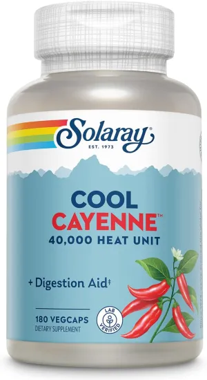 SOLARAY Cool Cayenne Pepper 40,000 HU, Cayenne Pepper Capsules, Digestion Aid, Bio-Cool Process, Lab Verified, 60-Day Money-Back Guarantee, 90 Servings, 180 VegCaps