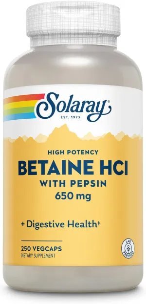 Solaray High Potency Betaine HCL with Pepsin - Hydrochloric Acid Supplement for Digestive Health - with Betaine Hydrochloride and Digestive Enzymes - Gut Health Support - 60-Day Guarantee, 250 VegCaps