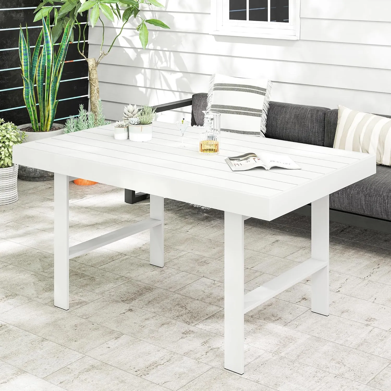 Solaste Aluminum Outdoor Dining Table, All-Weather Rectangle Metal High Patio Coffee Table for Balcony, Garden, Multifunctional Dining Table Coffee Table, Indoor or Outdoor Use, Grey/White