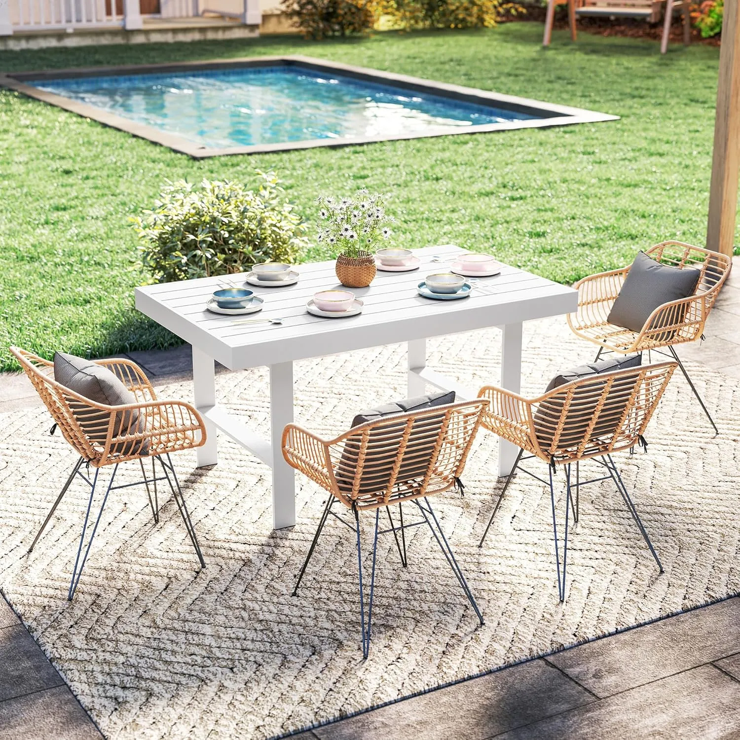 Solaste Aluminum Outdoor Dining Table, All-Weather Rectangle Metal High Patio Coffee Table for Balcony, Garden, Multifunctional Dining Table Coffee Table, Indoor or Outdoor Use, Grey/White