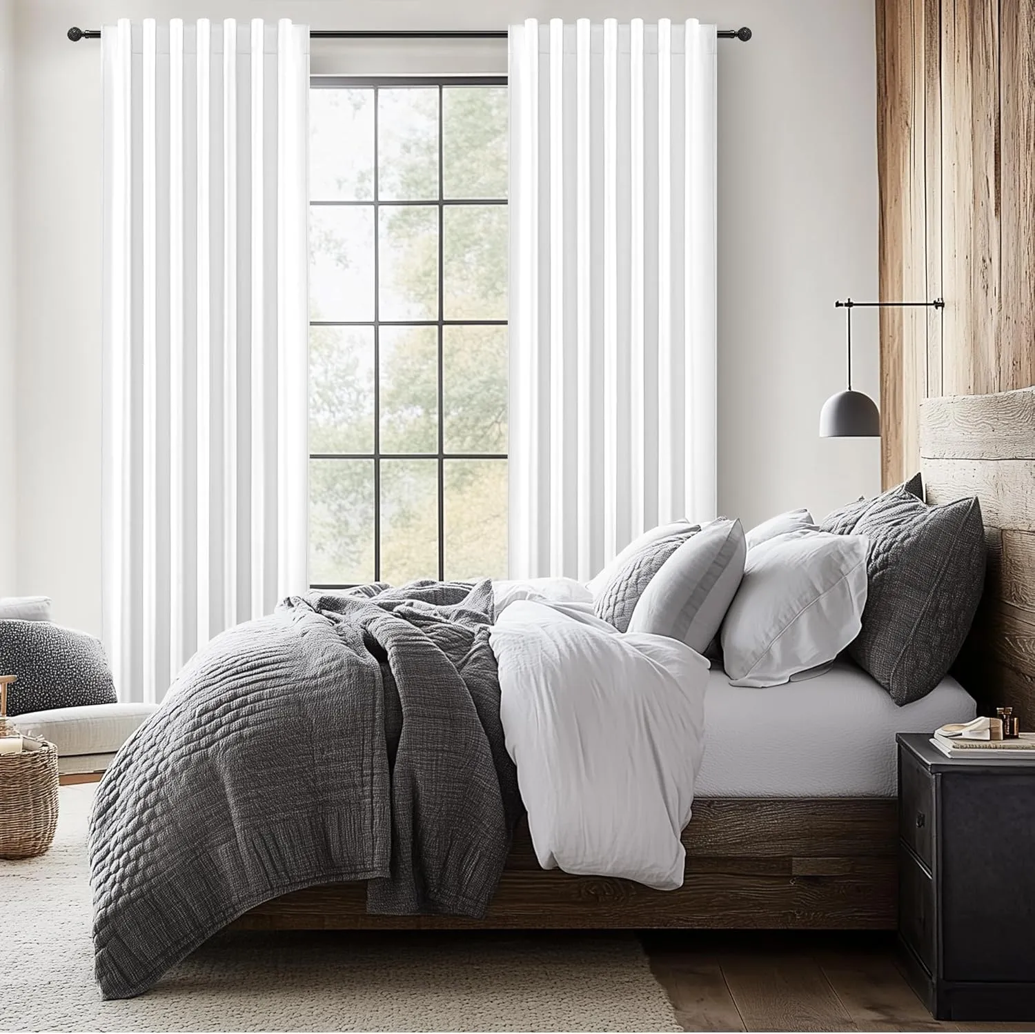 Solid White Blackout Linen Curtains 96 Inches Long for Living Room, Neutral Farmhouse Pleated Drapes Rod Pocket & Track System for Bedroom Windows Black Out Privacy Curtain 2 Panels Set 8 FT Length