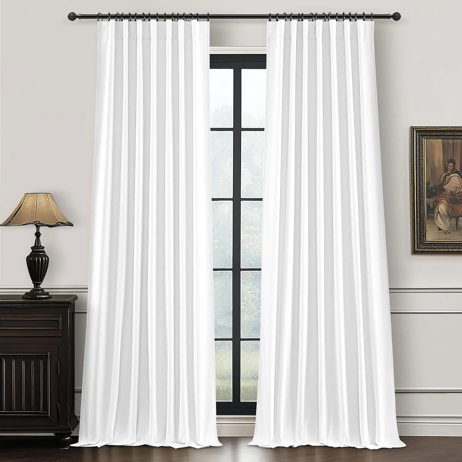 Solid White Blackout Linen Curtains 96 Inches Long for Living Room, Neutral Farmhouse Pleated Drapes Rod Pocket & Track System for Bedroom Windows Black Out Privacy Curtain 2 Panels Set 8 FT Length