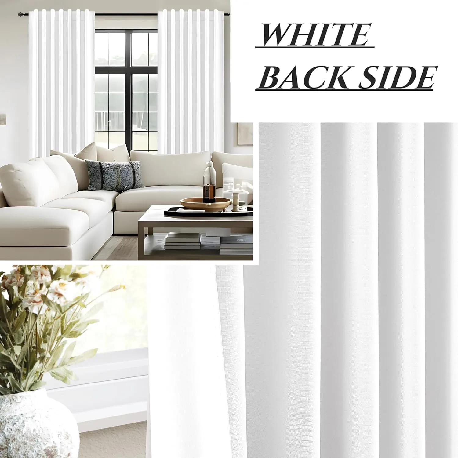 Solid White Blackout Linen Curtains 96 Inches Long for Living Room, Neutral Farmhouse Pleated Drapes Rod Pocket & Track System for Bedroom Windows Black Out Privacy Curtain 2 Panels Set 8 FT Length