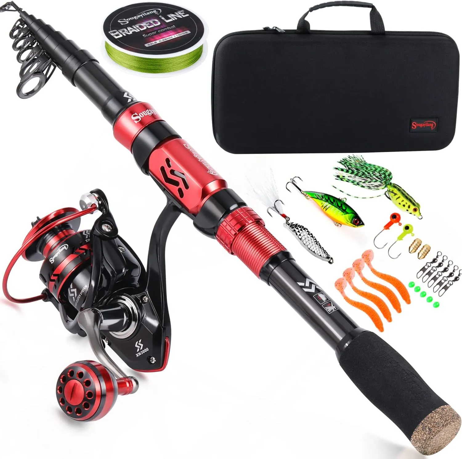 Sougayilang Portable Telescopic Fishing Rod Reel Combos Carbon Fiber Spinning Fishing ploe and Spinning Reel