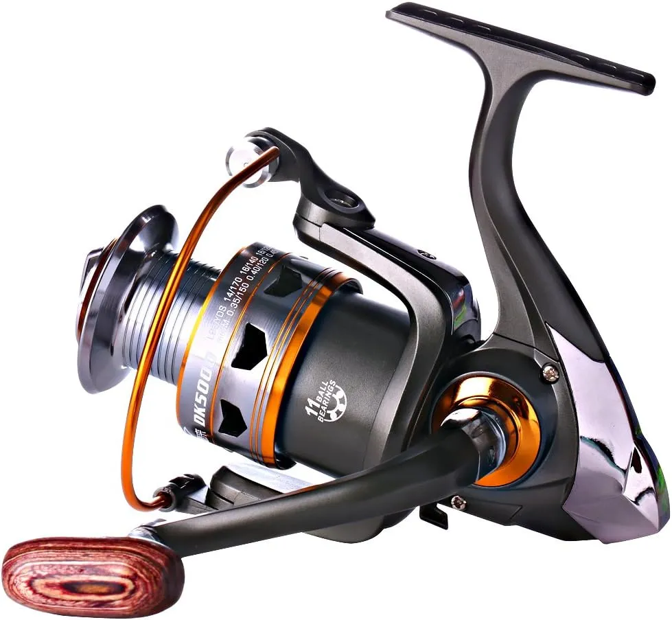 Sougayilang Spinning Fishing Reels with Left/Right Interchangeable Collapsible Wood Handle Powerful Metal Body 5.2:1/5.1:1 Gear Ratio Smooth 11BB for Inshore Boat Rock Freshwater Saltwater Fishing