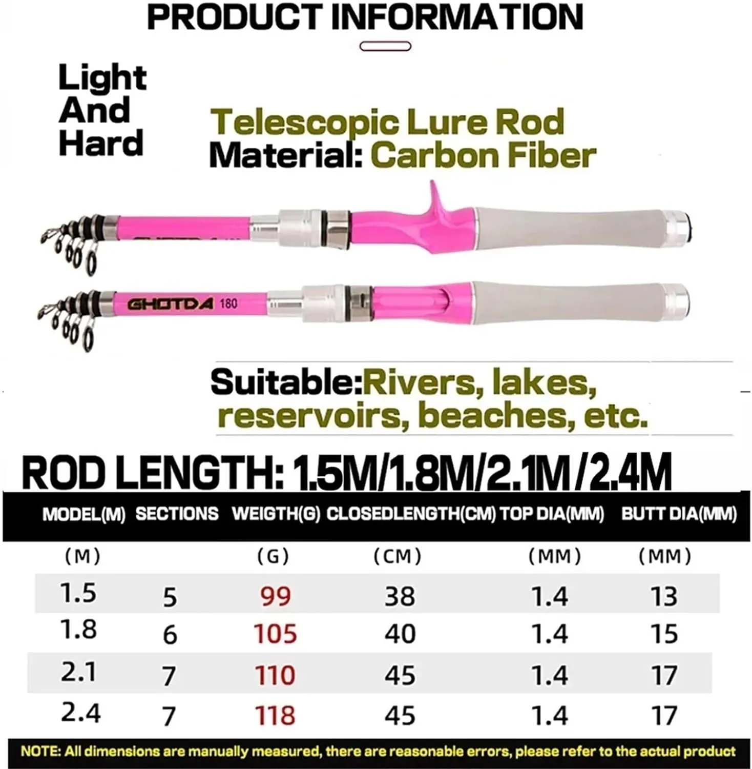 Spinning Casting Fishing Rod Carbon Fiber Super Hard Telescopic Fishing Rod 1.5M 1.8M 2.1M 2.4M Ultra Short Travel Pole