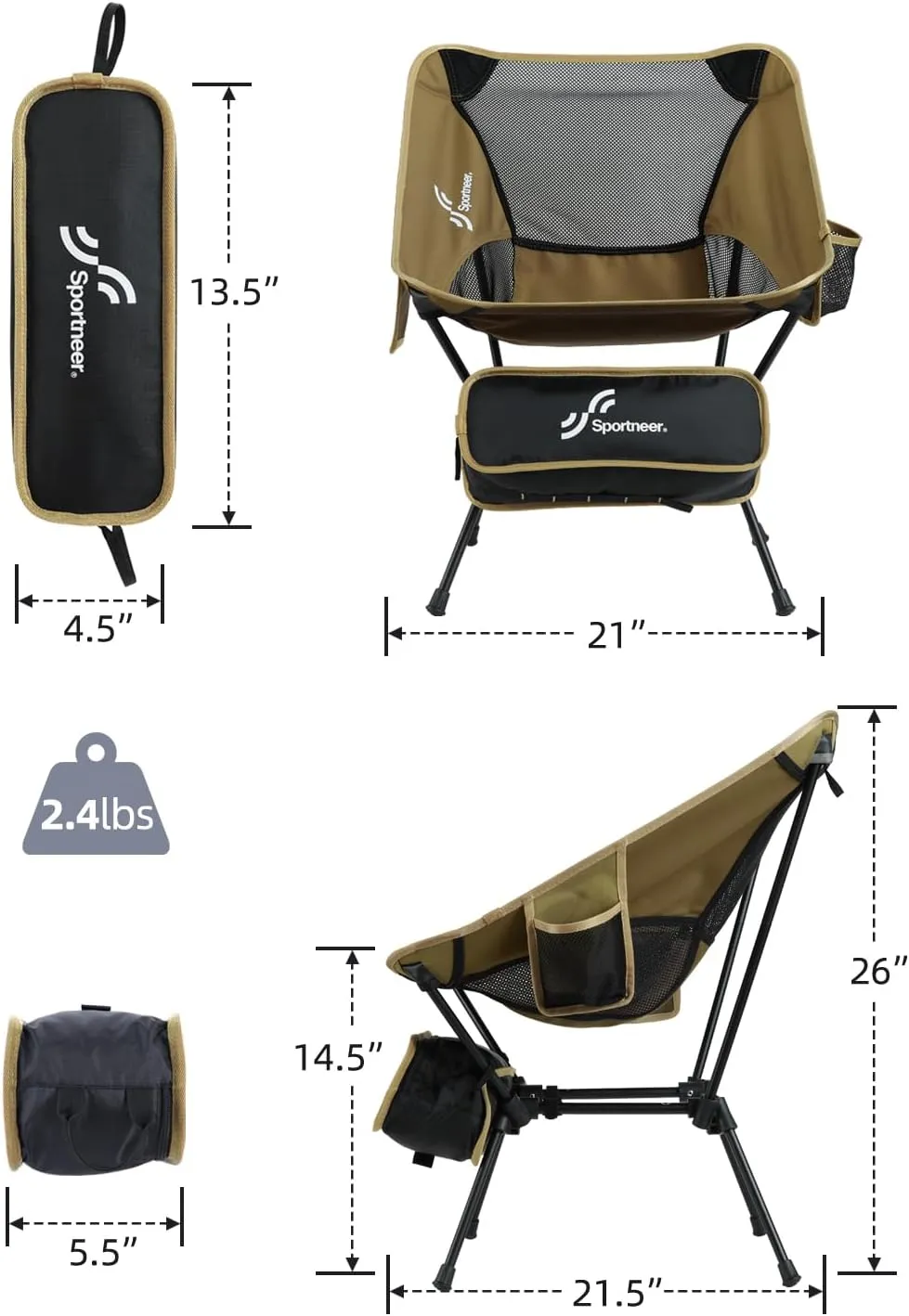 Sportneer Camping Chairs, Lightweight Outdoor Chairs with 2 Side Pockets & Storage Bag, Foldable & Portable Lawn Chairs for Camping Hiking Lawn Picnic Beach Outdoor Travel (2, Khaki)