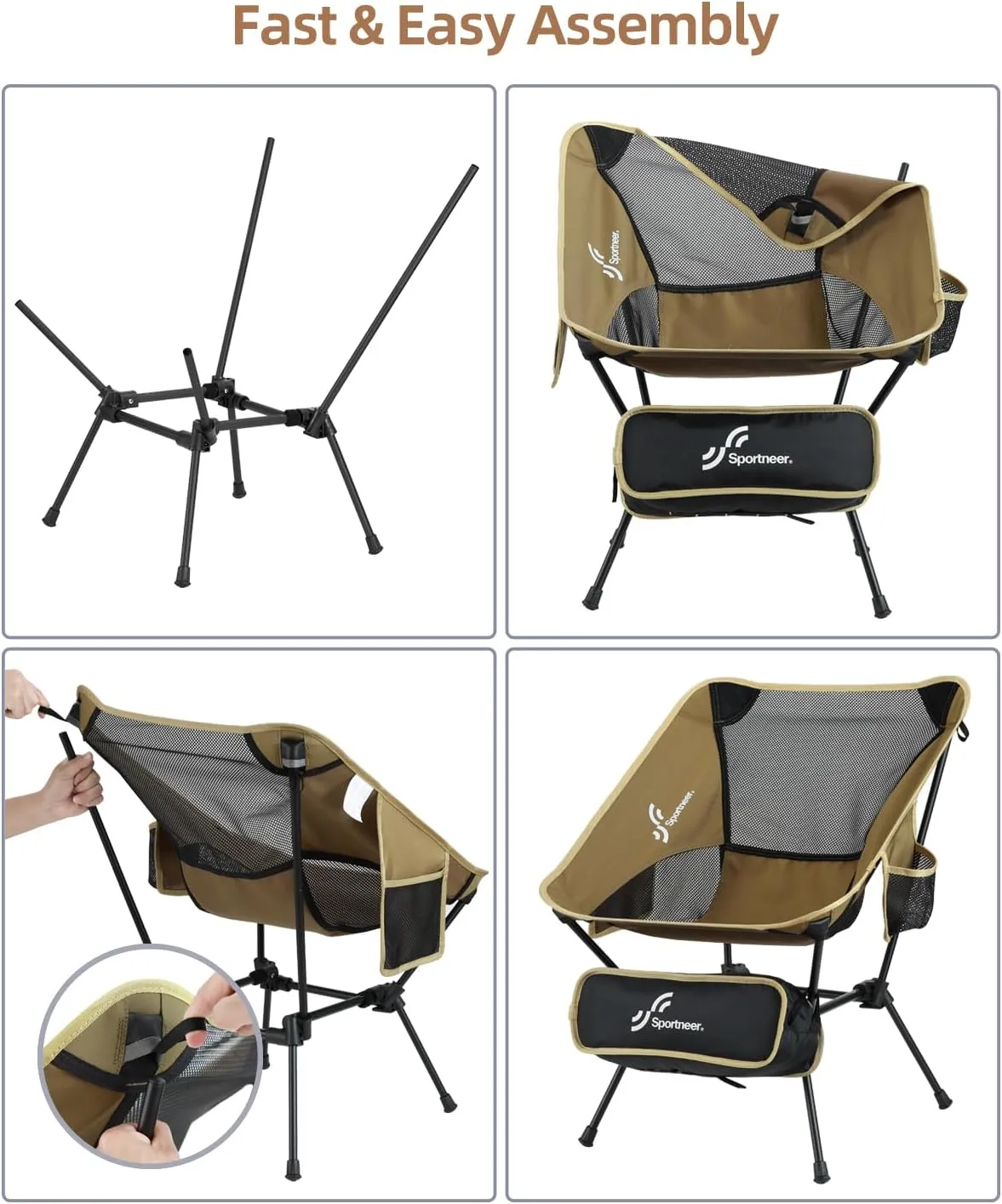Sportneer Camping Chairs, Lightweight Outdoor Chairs with 2 Side Pockets & Storage Bag, Foldable & Portable Lawn Chairs for Camping Hiking Lawn Picnic Beach Outdoor Travel (2, Khaki)