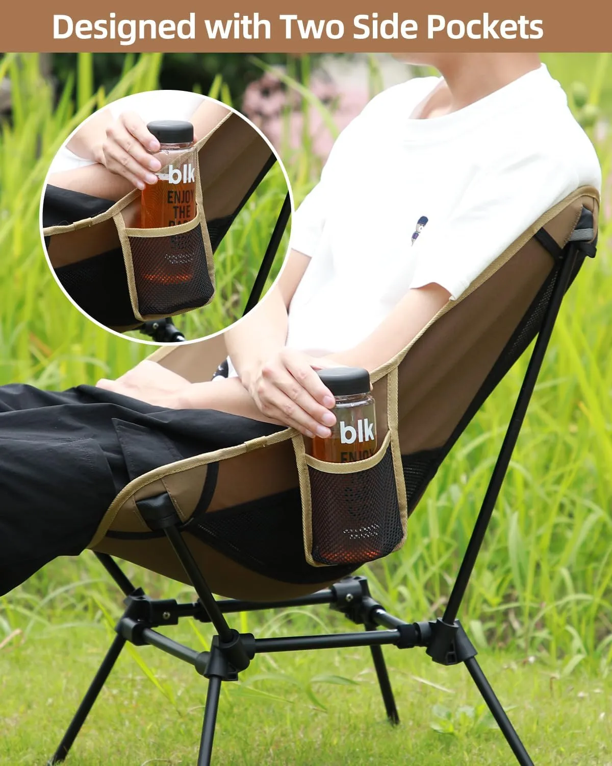 Sportneer Camping Chairs, Lightweight Outdoor Chairs with 2 Side Pockets & Storage Bag, Foldable & Portable Lawn Chairs for Camping Hiking Lawn Picnic Beach Outdoor Travel (2, Khaki)